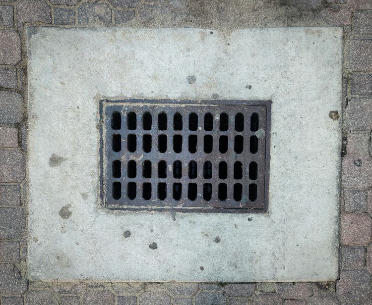 A cast-iron drain grate set in a paved yard